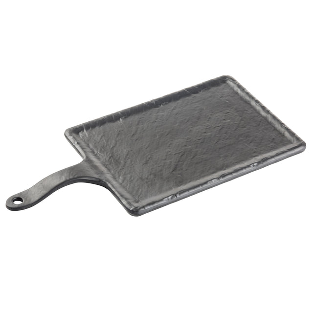 A rectangular, flat, black slate Frostone Collection Serving Paddle with a short handle featuring a hole at the end. The textured surface is slightly uneven, and the board is angled on a white background.