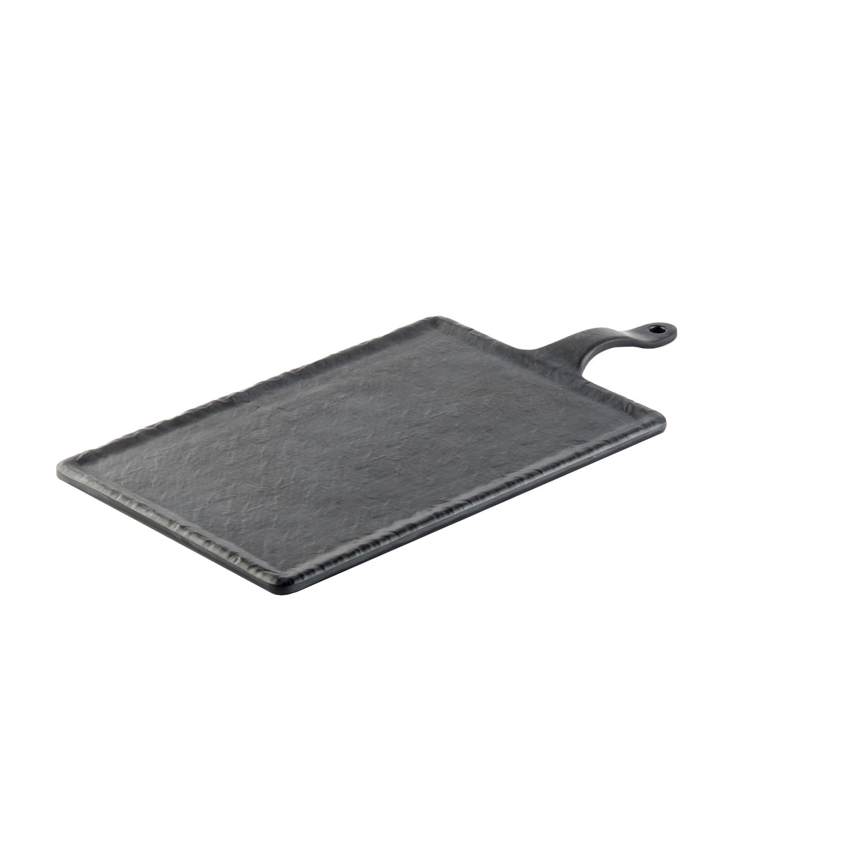 A rectangular, dark gray cutting board resembling a black slate Frostone Serving Paddle, with a textured surface, rounded edges, and an attached handle featuring a small hole for hanging. The board is set against a white background.
