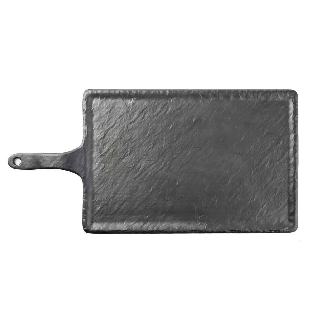 A rectangular Frostone Serving Paddle with a handle and rounded edges, featuring a small hole for hanging. This melamine platter has a natural, textured black slate appearance and is photographed against a white background.