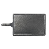 A rectangular Frostone Serving Paddle with a handle and rounded edges, featuring a small hole for hanging. This melamine platter has a natural, textured black slate appearance and is photographed against a white background.