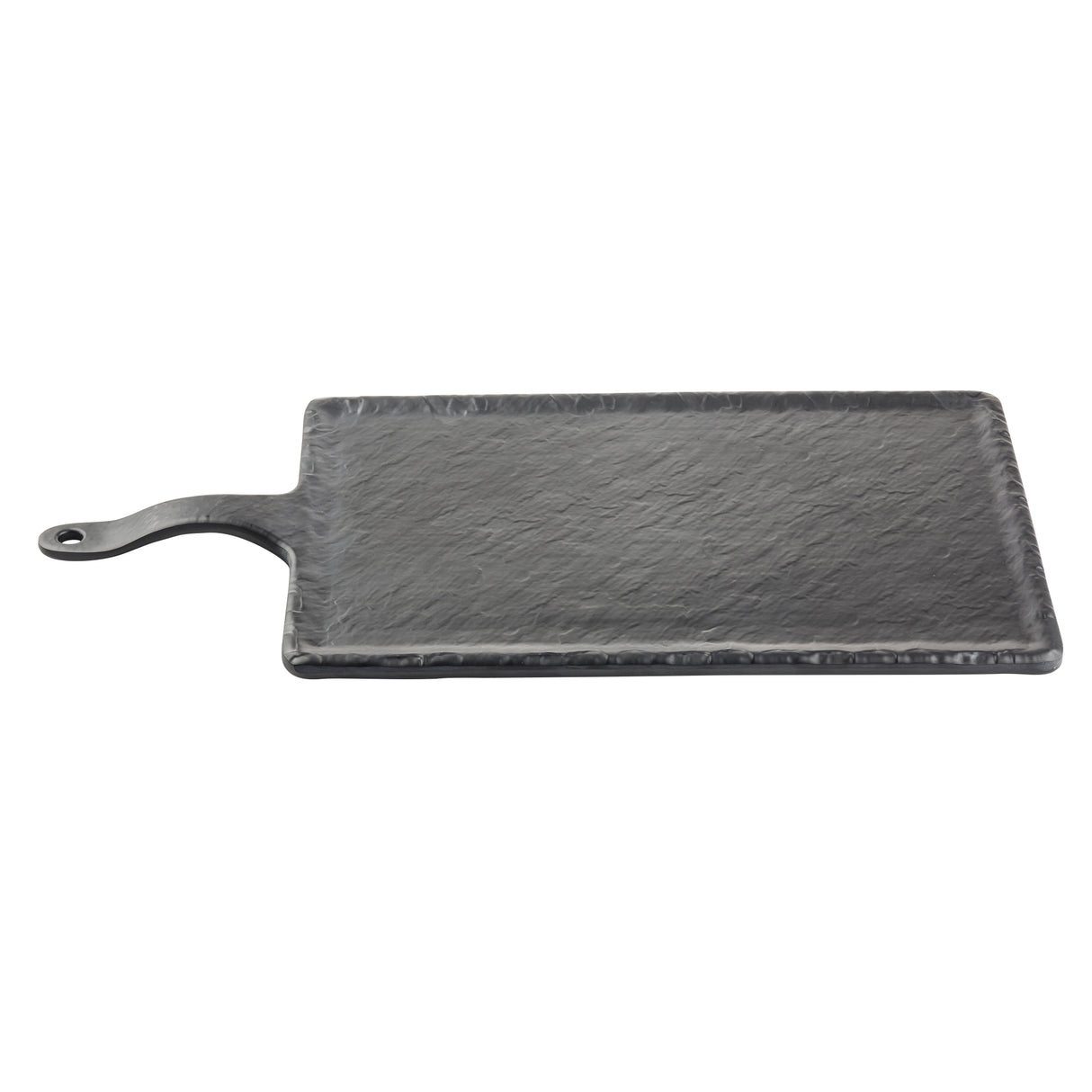 A rectangular black slate platter with a textured surface, slightly raised edges, and an extended handle featuring a small hole for hanging. Part of the Frostone Collection Serving Paddle, it’s displayed on a plain white background.