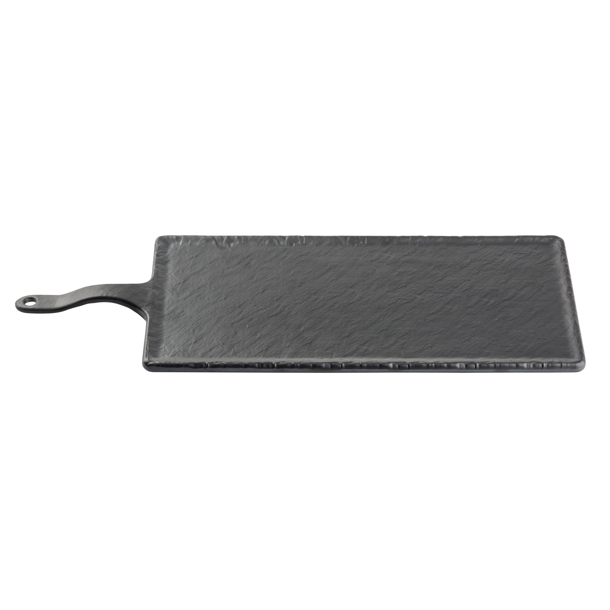 A rectangular black slate platter from the Frostone Collection, featuring a textured surface and an integrated handle with a small hole at the end, set against a white background.