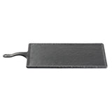 A rectangular black slate platter from the Frostone Collection, featuring a textured surface and an integrated handle with a small hole at the end, set against a white background.
