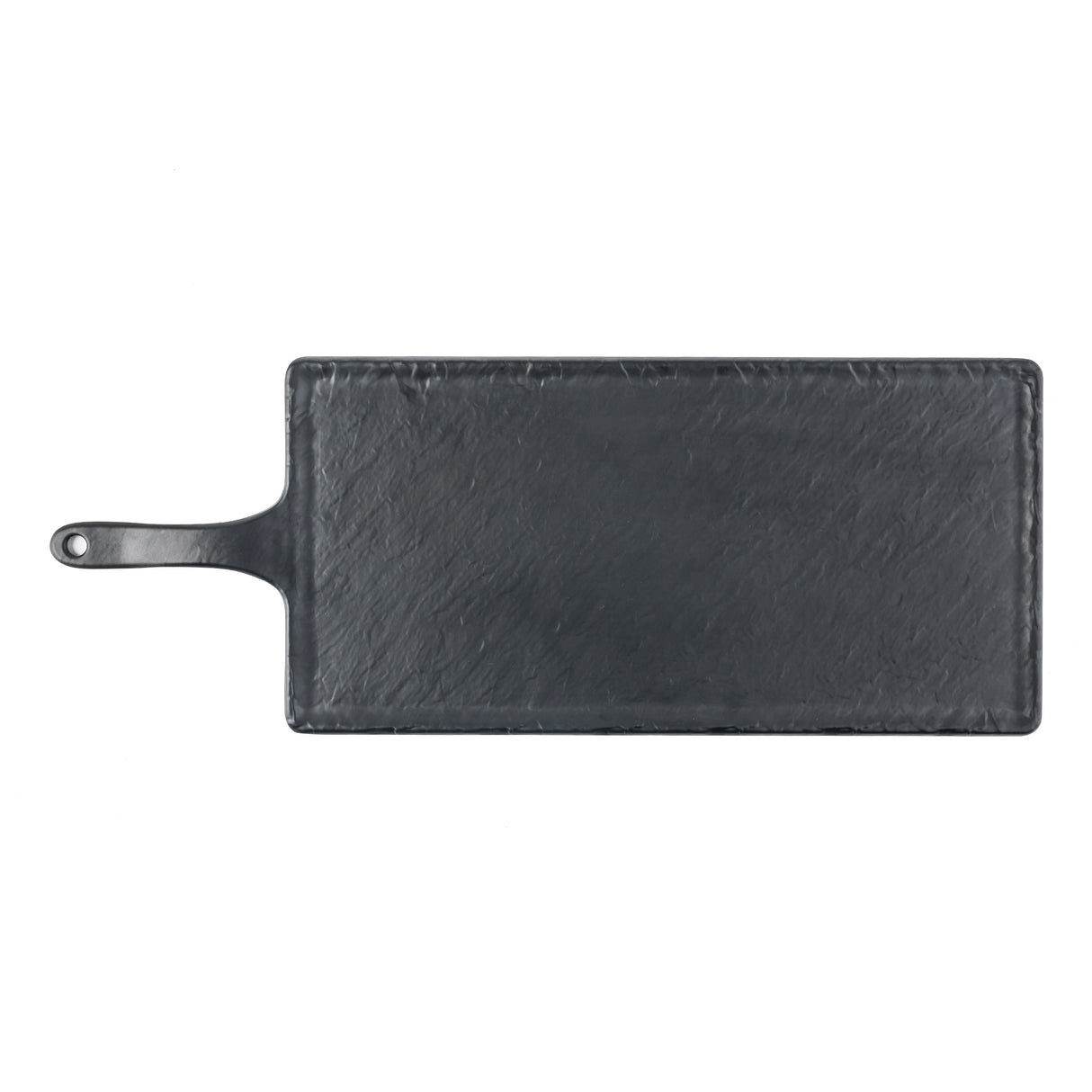 A rectangular black slate platter from the Frostone Collection Serving Paddle, featuring a handle with a small hole, slightly textured surface, and smooth, rounded edges. Photographed on a white background.