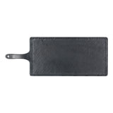 A rectangular black slate platter from the Frostone Collection Serving Paddle, featuring a handle with a small hole, slightly textured surface, and smooth, rounded edges. Photographed on a white background.