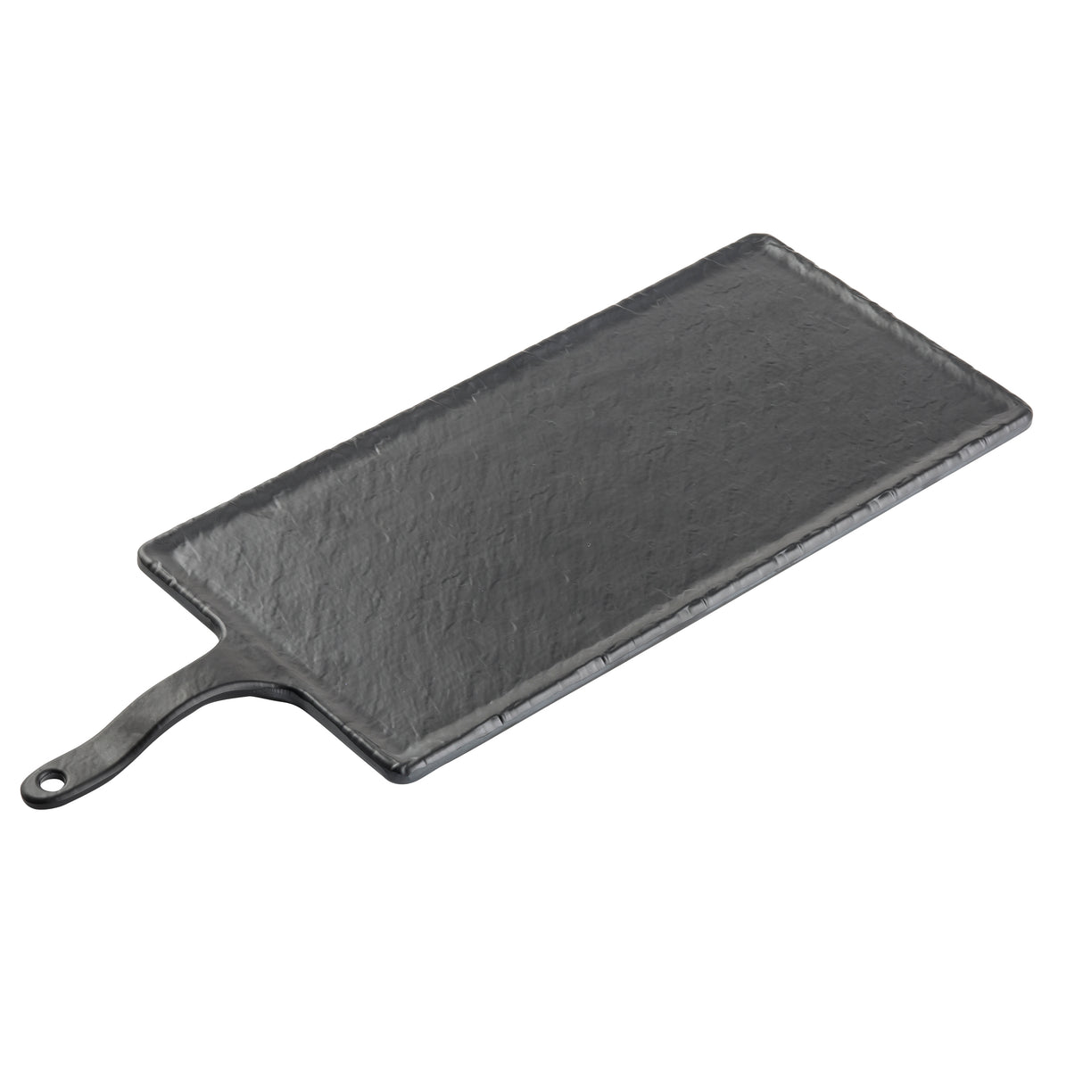 A rectangular black slate platter from the Frostone Collection Serving Paddle range, featuring a handle with a small hole. Its textured surface and beveled edges create a rustic yet modern look, perfect for stylish serving.