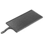 A rectangular black slate platter from the Frostone Collection Serving Paddle range, featuring a handle with a small hole. Its textured surface and beveled edges create a rustic yet modern look, perfect for stylish serving.