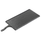 A rectangular black slate platter from the Frostone Collection Serving Paddle range, featuring a handle with a small hole. Its textured surface and beveled edges create a rustic yet modern look, perfect for stylish serving.
