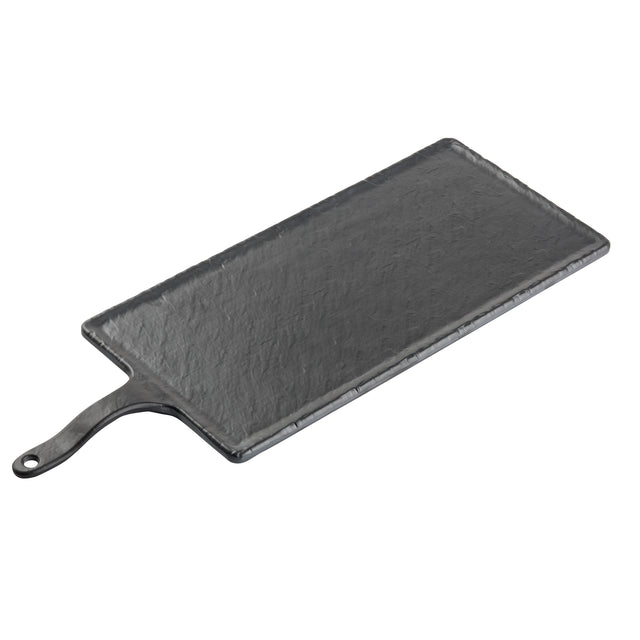 A rectangular black slate platter from the Frostone Collection Serving Paddle range, featuring a handle with a small hole. Its textured surface and beveled edges create a rustic yet modern look, perfect for stylish serving.