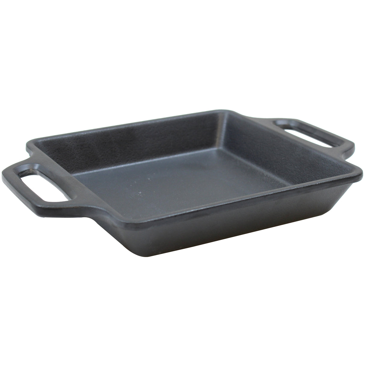 A black rectangular cast iron baking dish with a matte finish, slightly sloped sides, and two wide handles sits on a white background. Its durable cast iron coating ensures sturdiness and makes it suitable for oven use.