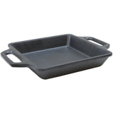 A black rectangular cast iron baking dish with a matte finish, slightly sloped sides, and two wide handles sits on a white background. Its durable cast iron coating ensures sturdiness and makes it suitable for oven use.