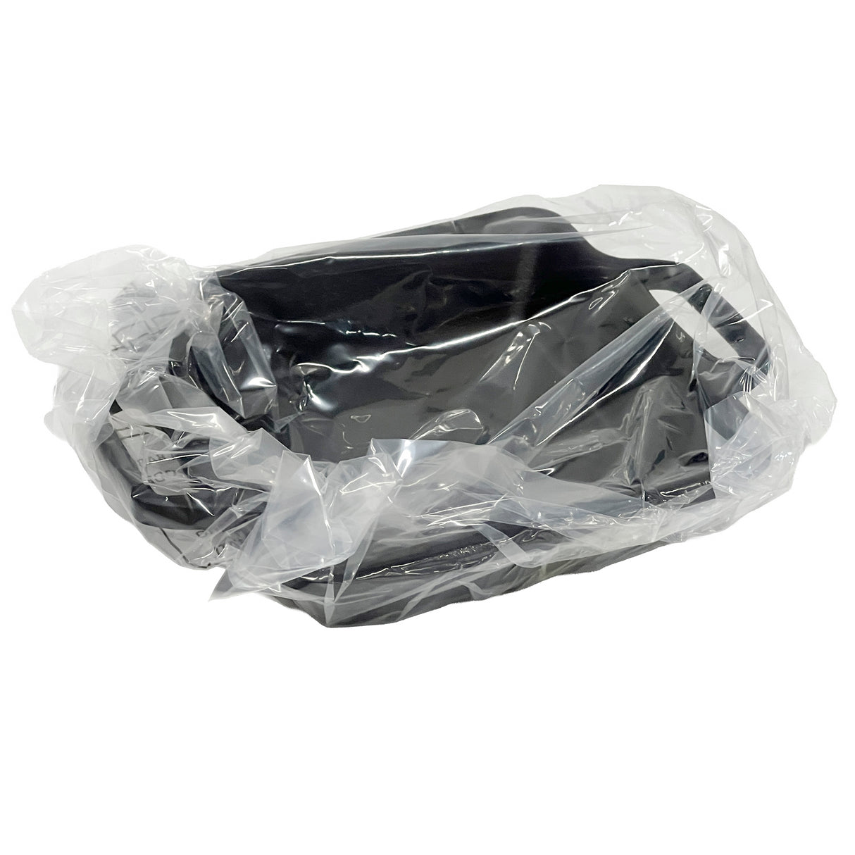 A black rectangular melamine tray is covered with a clear plastic bag or liner. The bag is loosely draped over the tray, with excess plastic hanging over the edges. The background is plain white, and the tray is empty.