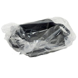 A black rectangular melamine tray is covered with a clear plastic bag or liner. The bag is loosely draped over the tray, with excess plastic hanging over the edges. The background is plain white, and the tray is empty.