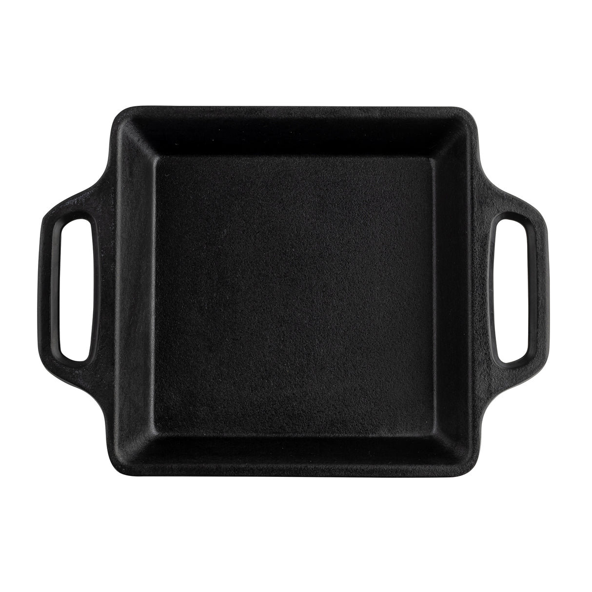 A square, black cast iron baking dish with two rectangular handles on opposite sides. The matte cast iron coating is unadorned, and the dish is viewed from directly above against a white background.