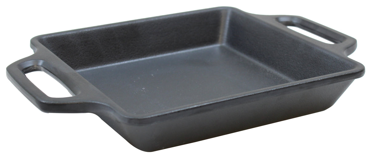 A square, black cast iron baking dish is shown against a white background. It features a durable cast iron coating, wide flat handles for easy gripping, and slightly sloped sides, with a matte finish and sturdy appearance.