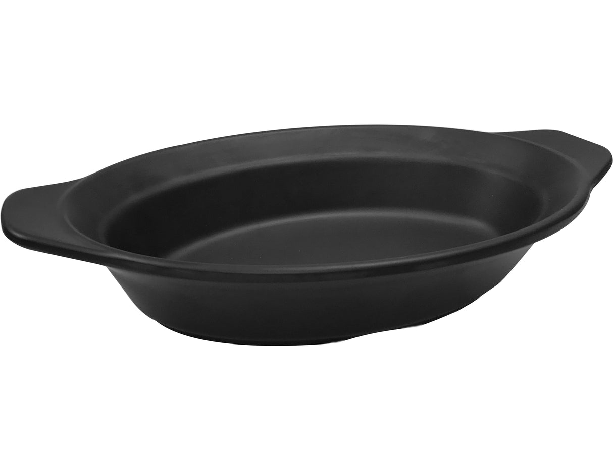 A black, oval-shaped Frostone Collection Server with two wide handles on each side. This melamine server features a smooth, faux cast iron finish and shallow, angled sides, designed for oven use or serving food against a plain white background.