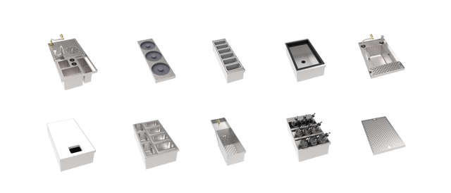 Ten industrial kitchen sink and prep station units, ideal for any bar equipment bundle, are arranged in two rows on a light gray background. Each stainless steel unit features unique configurations with Krowne modular inserts, dispensers, burners, and storage bins.