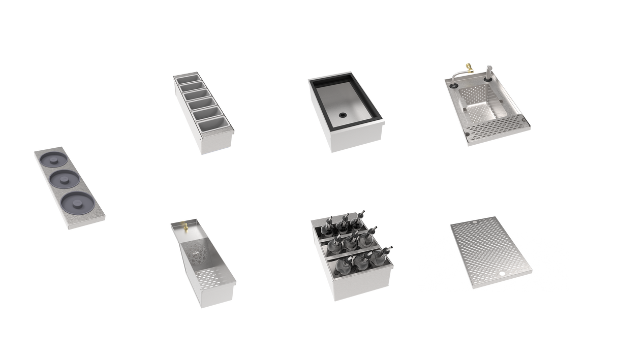 Seven stainless steel commercial kitchen components are arranged on a white background, including a speed rack, condiment holders, an insulated ice bin, a sink, a drip tray, sauce bottle containers, and an induction cooktop with three burners.