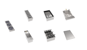 Seven stainless steel commercial kitchen components are arranged on a white background, including a speed rack, condiment holders, an insulated ice bin, a sink, a drip tray, sauce bottle containers, and an induction cooktop with three burners.