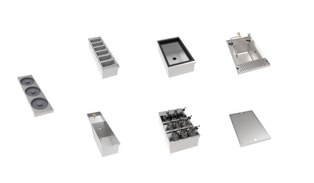 Seven stainless steel commercial kitchen components are arranged on a white background, including a speed rack, condiment holders, an insulated ice bin, a sink, a drip tray, sauce bottle containers, and an induction cooktop with three burners.