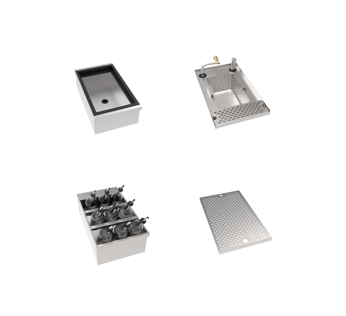 Four separate stainless steel bar sink and insert components from the MoveWell Essentials Bundle on a white background: an insulated ice bin, a glass rinser with drain, a condiment bottle holder, and a perforated drip tray—all shown from an overhead angle.