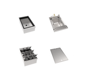 Four separate stainless steel bar sink and insert components from the MoveWell Essentials Bundle on a white background: an insulated ice bin, a glass rinser with drain, a condiment bottle holder, and a perforated drip tray—all shown from an overhead angle.