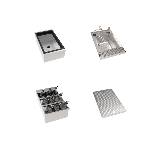 Four separate stainless steel bar sink and insert components from the MoveWell Essentials Bundle on a white background: an insulated ice bin, a glass rinser with drain, a condiment bottle holder, and a perforated drip tray—all shown from an overhead angle.