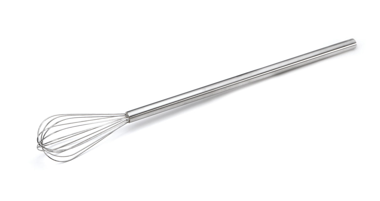 A stainless steel Kettle Whip with an elongated handle and balloon-shaped wire loops lies diagonally on a white background. The smooth, shiny handle and open wires form a rounded cage, perfect for mixing and dishwasher safe for easy cleaning.