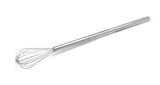 A stainless steel Kettle Whip with an elongated handle and balloon-shaped wire loops lies diagonally on a white background. The smooth, shiny handle and open wires form a rounded cage, perfect for mixing and dishwasher safe for easy cleaning.