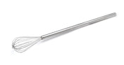 A stainless steel Kettle Whip with an elongated handle and balloon-shaped wire loops lies diagonally on a white background. The smooth, shiny handle and open wires form a rounded cage, perfect for mixing and dishwasher safe for easy cleaning.