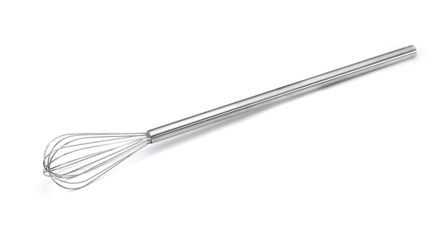 A stainless steel Kettle Whip with an elongated handle and balloon-shaped wire loops lies diagonally on a white background. The smooth, shiny handle and open wires form a rounded cage, perfect for mixing and dishwasher safe for easy cleaning.