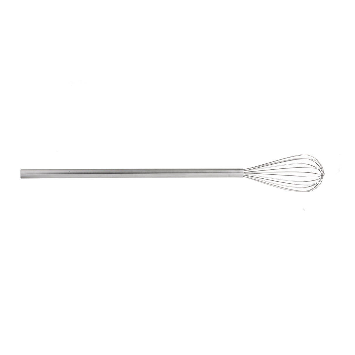 A stainless steel Kettle Whip balloon whisk with a long, cylindrical handle and thin wire loops is set against a plain white background. Ideal for mixing or beating ingredients in cooking and baking, this tool is also dishwasher safe.
