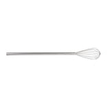 A stainless steel Kettle Whip balloon whisk with a long, cylindrical handle and thin wire loops is set against a plain white background. Ideal for mixing or beating ingredients in cooking and baking, this tool is also dishwasher safe.