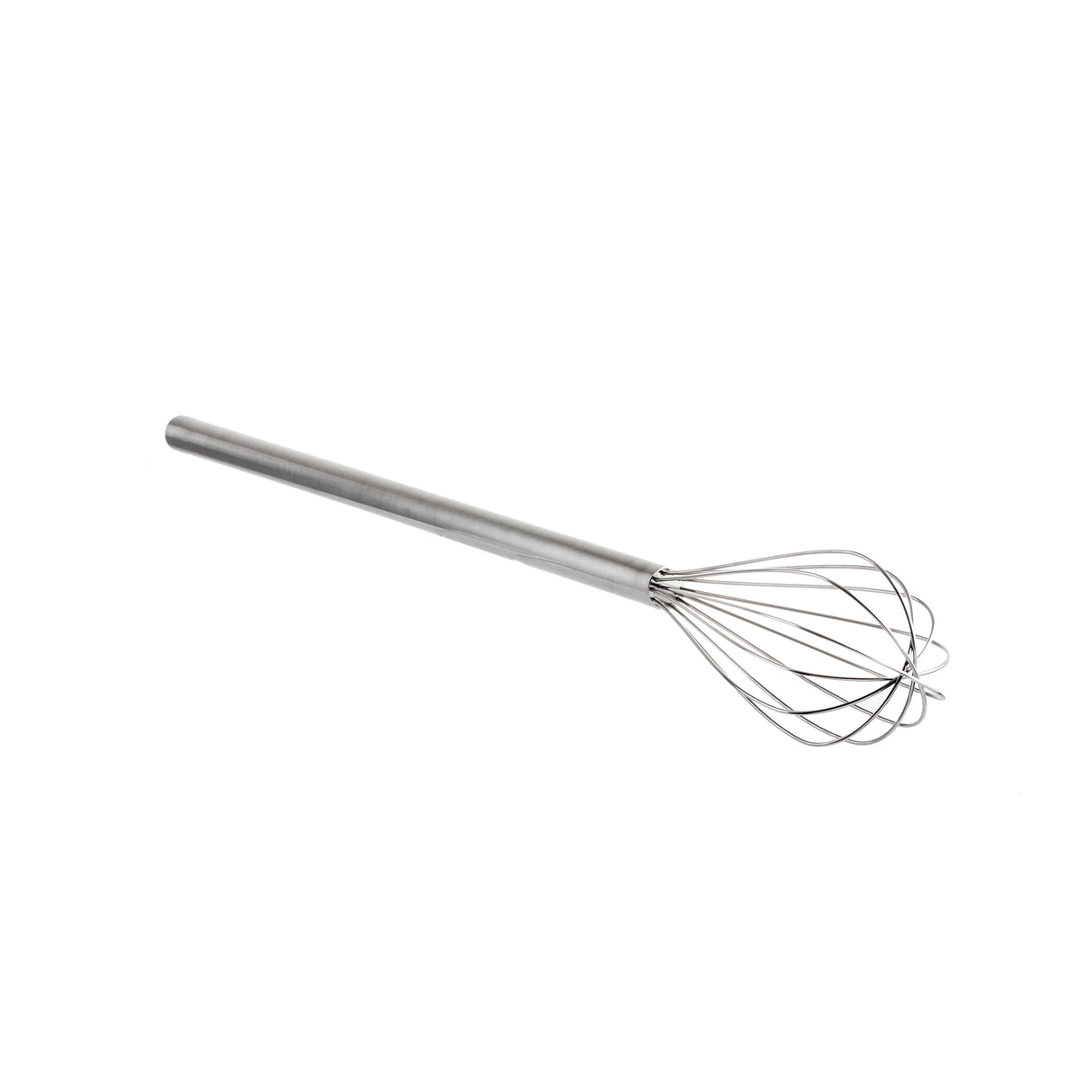 A stainless steel Kettle Whip with a long cylindrical handle and looped wire head, isolated on a white background. The whisk is positioned diagonally, with the handle on the left and the wire loops on the right. It is also dishwasher safe.