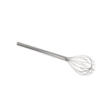 A stainless steel Kettle Whip with a long cylindrical handle and looped wire head, isolated on a white background. The whisk is positioned diagonally, with the handle on the left and the wire loops on the right. It is also dishwasher safe.