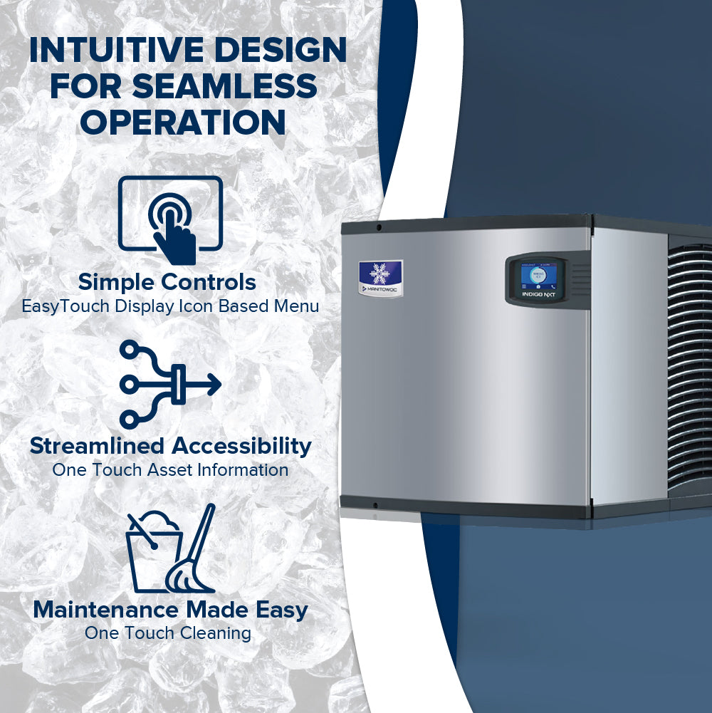 A Manitowoc Indigo NXT commercial ice maker is displayed on the right against an ice-textured background. Text highlights features: Intuitive Design for Seamless Operation, Simple Controls, Streamlined Accessibility, and Easy Maintenance, with matching icons.