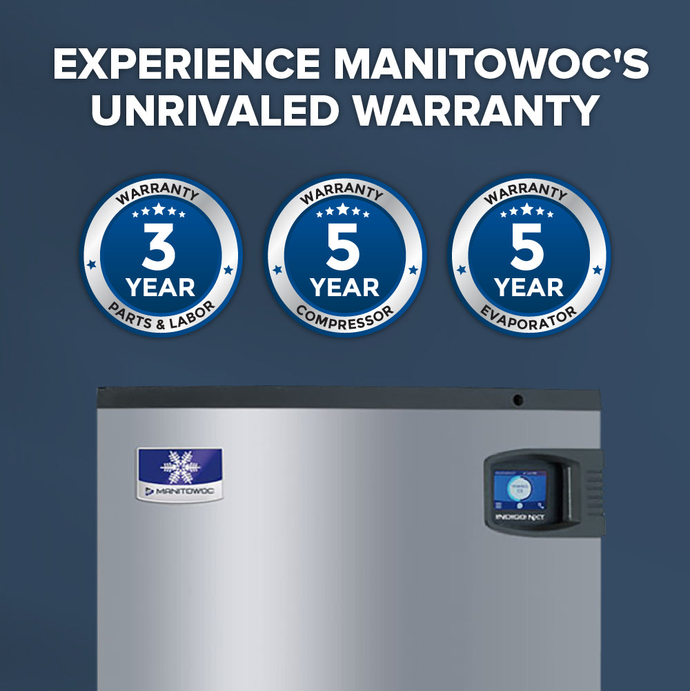 A Manitowoc Indigo NXT commercial ice maker is shown under three blue warranty badges reading: 3 Year Parts & Labor, 5 Year Compressor, and 5 Year Evaporator. Above the badges, the text reads: Experience Manitowoc’s Unrivaled Warranty.