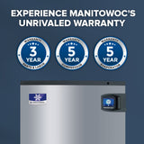 A Manitowoc Indigo NXT commercial ice maker is shown under three blue warranty badges reading: 3 Year Parts & Labor, 5 Year Compressor, and 5 Year Evaporator. Above the badges, the text reads: Experience Manitowoc’s Unrivaled Warranty.