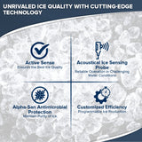 Infographic on ice with four icons and text: Manitowoc Indigo NXT—cube-style ice machine ensures the best ice quality; Acoustical Ice Sensing Probe—reliable in tough water; Alpha-San Protection—maintains purity; Customized Efficiency—programmable output.