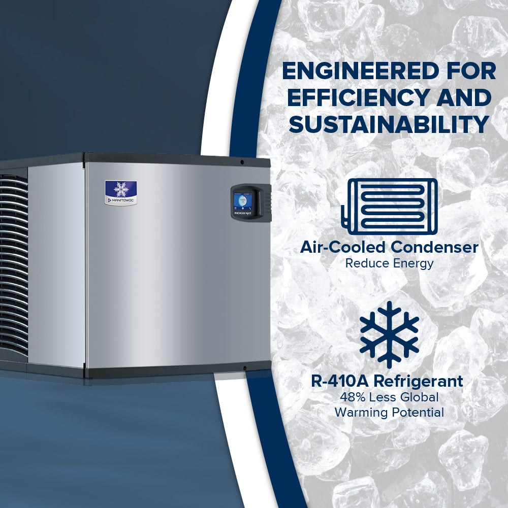 A silver and black air-cooled condenser unit is shown on the left, with a digital display. On the right, text reads “Engineered for efficiency and sustainability” above icons for air-cooled condenser and Manitowoc Indigo NXT commercial ice maker, set over ice.