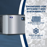 A silver and black air-cooled condenser unit is shown on the left, with a digital display. On the right, text reads “Engineered for efficiency and sustainability” above icons for air-cooled condenser and Manitowoc Indigo NXT commercial ice maker, set over ice.