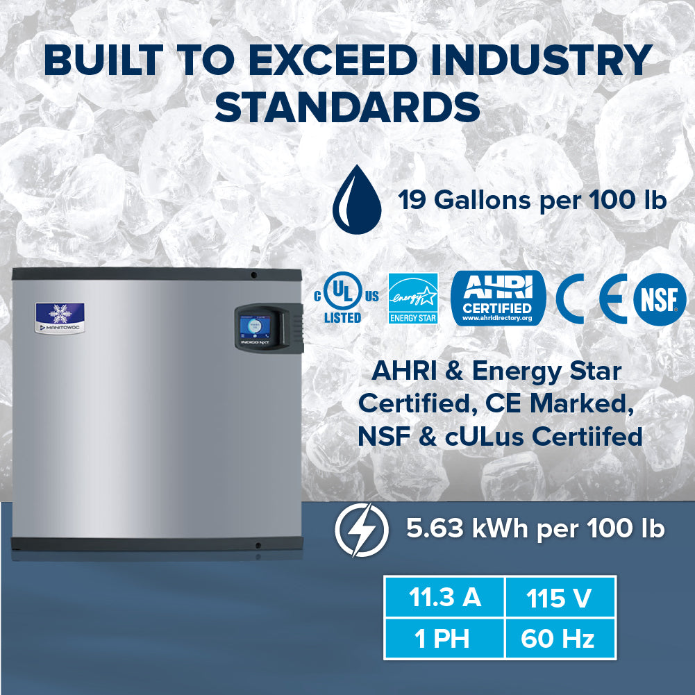 A Manitowoc Indigo NXT cube-style ice machine stands before an ice backdrop. Text highlights: BUILT TO EXCEED INDUSTRY STANDARDS, 19 gal/100 lb, 5.63 kWh/100 lb, 11.3 A, 115V, 1 PH, 60Hz, plus AHRI, Energy Star, CE, NSF & cUL.