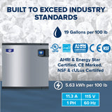 A Manitowoc Indigo NXT cube-style ice machine stands before an ice backdrop. Text highlights: BUILT TO EXCEED INDUSTRY STANDARDS, 19 gal/100 lb, 5.63 kWh/100 lb, 11.3 A, 115V, 1 PH, 60Hz, plus AHRI, Energy Star, CE, NSF & cUL.