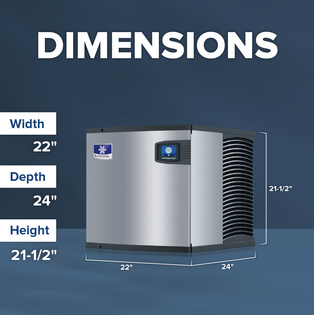 A silver and black Manitowoc Indigo NXT commercial ice maker is shown against a blue background. Text reads DIMENSIONS above the appliance, listing: Width 22, Depth 24, Height 21-1/2. Lines highlight the cube-style ice machine’s measurements.