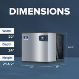 A silver and black Manitowoc Indigo NXT commercial ice maker is shown against a blue background. Text reads DIMENSIONS above the appliance, listing: Width 22, Depth 24, Height 21-1/2. Lines highlight the cube-style ice machine’s measurements.