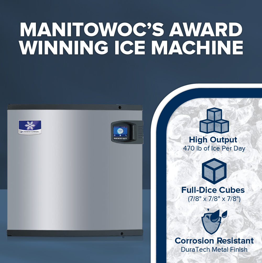 A Manitowoc ice maker with a self-contained condenser is shown, featuring high output (470 lb/day), full-dice cubes (7/8 x 7/8 x 7/8), and a corrosion-resistant DuraTech metal finish. Blue and gray background with graphic icons.