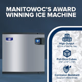 A Manitowoc ice maker with a self-contained condenser is shown, featuring high output (470 lb/day), full-dice cubes (7/8 x 7/8 x 7/8), and a corrosion-resistant DuraTech metal finish. Blue and gray background with graphic icons.