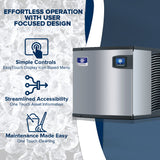 Commercial ice maker on the right with three icons and text on the left: “Simple Controls, EasyTouch Display Icon Based Menu,” “Streamlined Accessibility, One Touch Asset Information,” and “Maintenance Made Easy, One Touch Cleaning.” Air-cooled, self-contained condenser. Ice background.