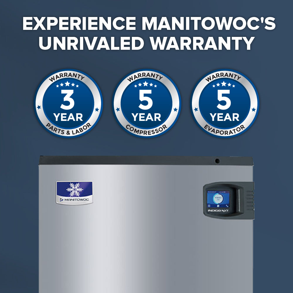 A Manitowoc air-cooled ice maker with a self-contained condenser and info screen is shown below three warranty badges for parts and labor (3 years), compressor (5 years), and evaporator (5 years). Above, bold white text reads: Experience Manitowocs Unrivaled Warranty.