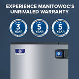 A Manitowoc air-cooled ice maker with a self-contained condenser and info screen is shown below three warranty badges for parts and labor (3 years), compressor (5 years), and evaporator (5 years). Above, bold white text reads: Experience Manitowocs Unrivaled Warranty.
